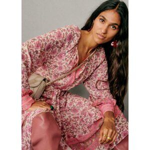 NWT Sezane Merida in Pink Floral Print Midi Shirt Dress 42 / 10